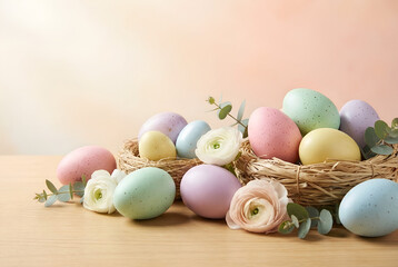 Colorful Easter eggs arranged in nests with flowers on wooden surface  