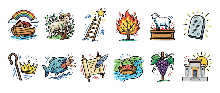 Collection of colorful hand-drawn biblical icons depicting famous Old Testament stories like Noah's Ark, the burning bush, and the Ten Commandments in a doodle cartoon style