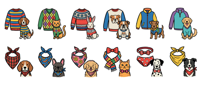 Charming illustrated set of cute pets including dogs, cats, and a rabbit with matching colorful sweaters, bandanas, and accessories in a whimsical hand-drawn cartoon style