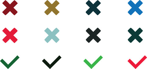 Obraz premium Cross and check mark icons set in multiple colors, flat vector symbols for approve, reject, confirm, and cancel ui actions