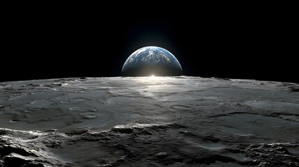 Fototapeta premium Earth rising above lunar surface with sunrise illuminating moon landscape against deep space horizon