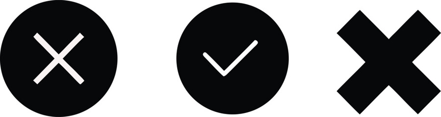 Close, confirm, and cancel icons set with cross and check symbols in circular and bold styles, minimal flat vector ui elements