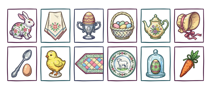 Collection of hand-drawn vintage Easter illustrations featuring a bunny, chick, decorated eggs, basket, and other spring symbols in a charming, nostalgic sketch style