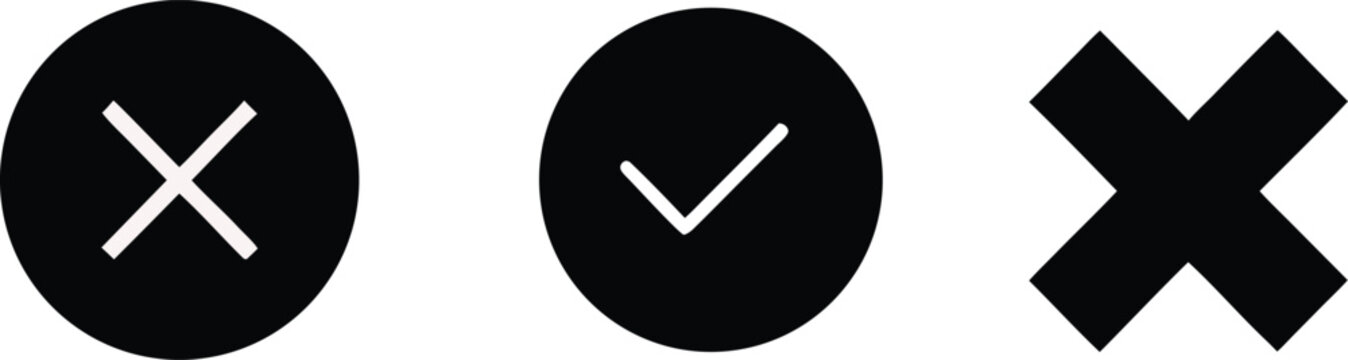 Close, confirm, and cancel icons set with cross and check symbols in circular and bold styles, minimal flat vector ui elements