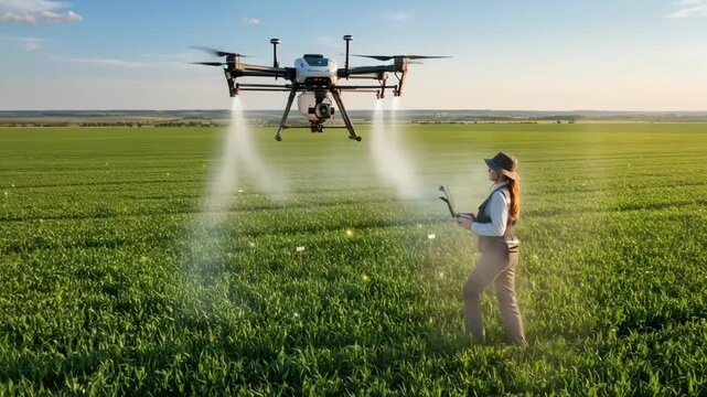 Technician operating drone over farmland deploying techbased pest monitoring and management tools for precise parasite control.