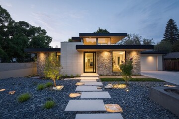 This contemporary home is situated in a peaceful suburban neighborhood, featuring a stunning stone facade, beautifully landscaped pathway.