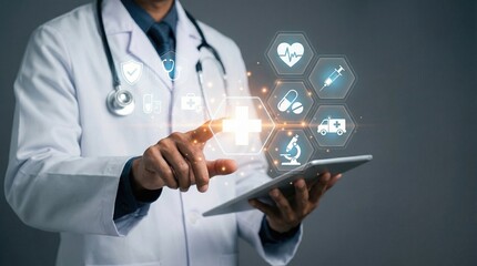 Medicine doctor with stethoscope touching virtual hologram screen interface