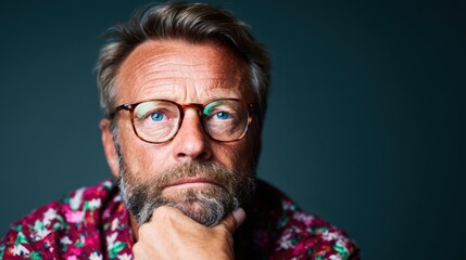 Obraz premium A mature man with glasses and a serious expression sits thoughtfully, highlighting human emotions through the intensity of his gaze against a dark backdrop.