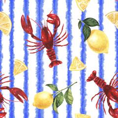 Colorful seamless pattern with red lobsters and yellow lemons on a light blue stripes background, perfect for use in creative projects, kitchen decor, sea-themed designs, textile, decor