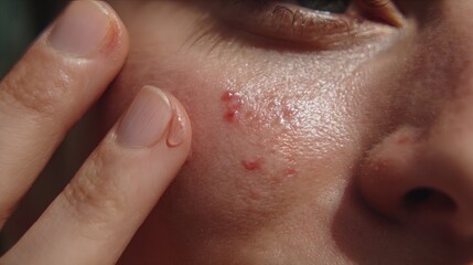 Fototapeta premium Close-up of a person's face with a finger touching the cheek where several red acne spots are visible. The skin is shiny, highlighting pores and texture, revealing a natural complexion