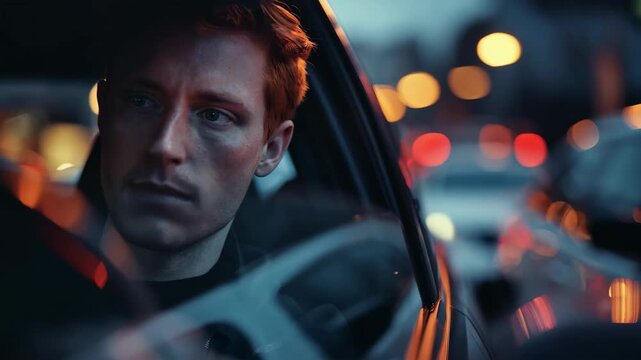 Medium shot of a learner driving cautiously through a crowded urban area as twilight fades focus on the drivers concentrated face with blurred vehicle interiors and exterior lights