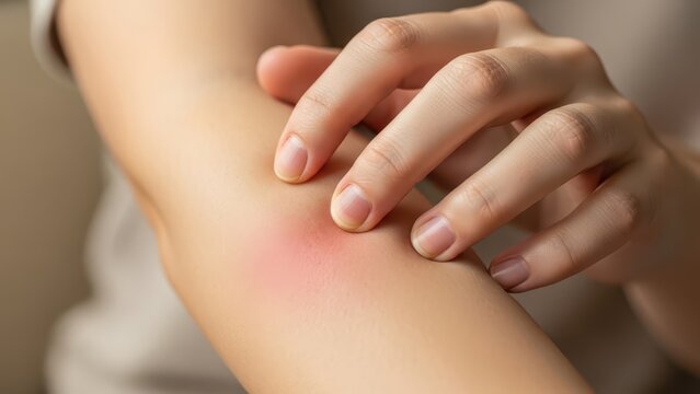 A person scratching a red itchy rash on their arm with their fingers.