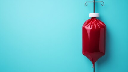 Obraz premium A red liquid bag drips medical fluid against a turquoise backdrop, representing healthcare or therapy. Concept Vitality, Treatment. Healthcare, Medical