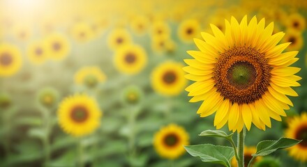 Fototapeta premium Vibrant sunflower in a lush field of bright yellow blooms