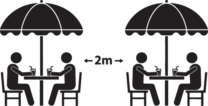 Black and white of two pairs of people sitting at tables under umbrellas with 2m social distancing also transparent background