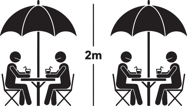 Black and white of two pairs of people sitting at tables under umbrellas with 2m distance also transparent background