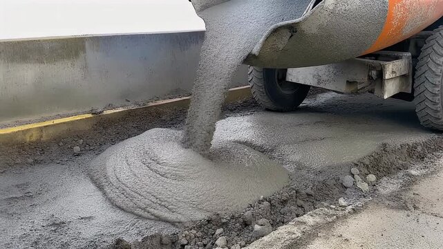 Concrete mixer truck pouring fresh wet concrete onto a construction surface.