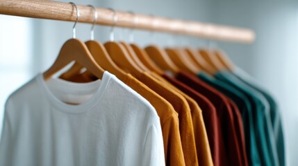 Obraz premium A beautifully arranged collection of colorful T-shirts hanging on a wooden rack, showcasing vibrant colors perfect for casual or everyday wear. Great style inspiration.