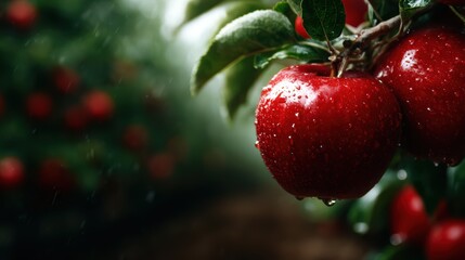 Obraz premium A vibrant close-up of a fresh red apple glistening with droplets of water, symbolizing freshness, vitality, and the beauty of nature in a fruit-filled environment.