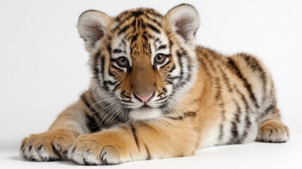 Obraz premium Cute tiger cub laying down on white background