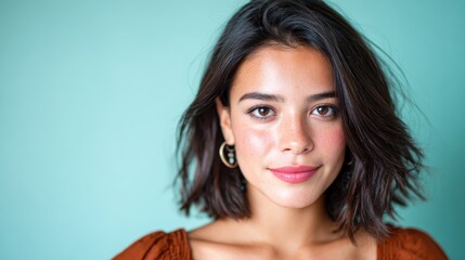 Fototapeta premium A close-up portrait of a young woman smiling softly with brown hair and natural makeup, embodying warmth and confidence against a light teal background.