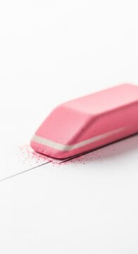 A pink block eraser is slowly being rubbed out on a white surface, illustrating the self-destructive nature of the tool of correction and memory, destruction, nullification, tool