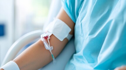 Fototapeta premium Close-up of a patient's arm receiving an IV infusion, highlighting medical treatment and recovery, Patient Care, Medical Treatment