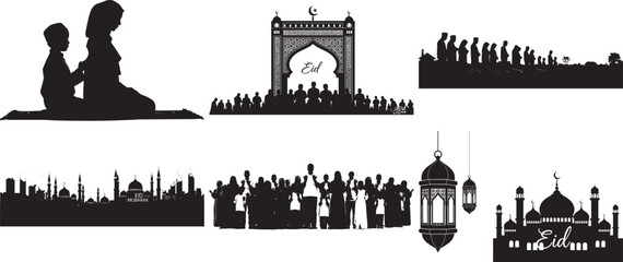 Obraz premium Eid Sweets and Gifts Vector Illustrations: Festive Treats, Praying Figure, and Decorative Gift Box