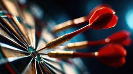 An intense close-up of red darts striking the bullseye of a dartboard, illustrating focus, precision, and the thrill of aim in a competitive atmosphere.