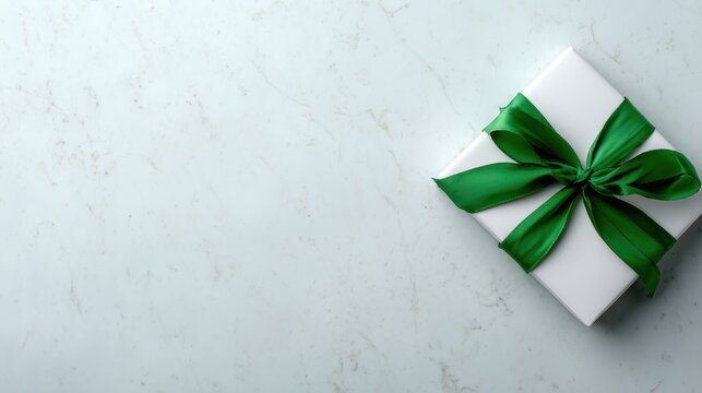 A pristine white gift box adorned with a vibrant green ribbon, embodying the spirit of giving and celebration, beautifully set against a minimalist marble background.