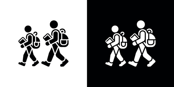 Two students with backpacks walking depicted in contrasting black and white