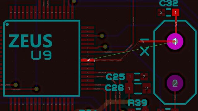 Video animation with tracing conductors of printed circuit board of electronic device with components of radio elements, contact pads. Engineering technic education computer schematic diagram of pcb.