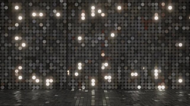 Abstract dark stage background with reflective sequin wall and tiled floor illumination