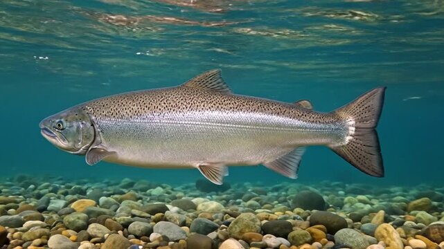 Vibrant Silver Salmon Fish Swimming Underwater Over Pebbles in Clear River Water