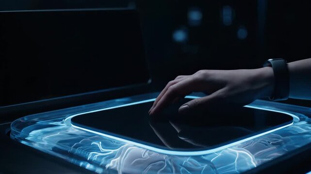 A hand with a wristband touching a futuristic glowing blue control panel.