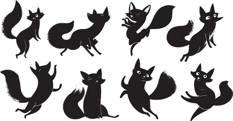 Set of black silhouette cats in various playful and sitting poses on white background vector illustration
