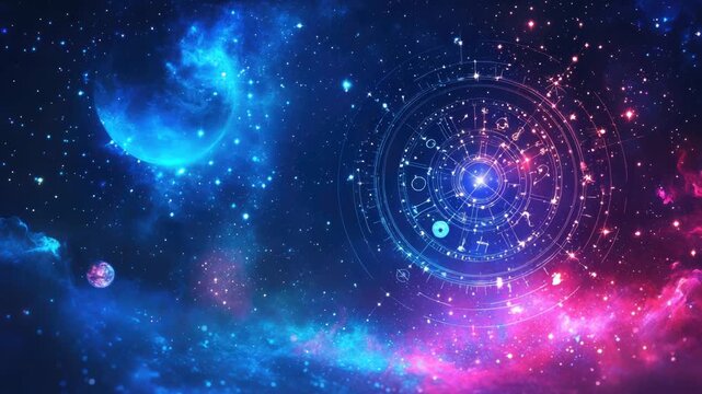 Rotating zodiac wheel floating in outer space with planets and colorful nebula, revealing constellations and astrology symbols for horoscope and fortune telling prediction