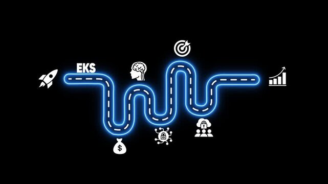 Neon blue winding road with business icons representing growth and success on black background path journey