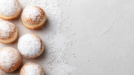 Elegant festive background with powdered paczki pastries for Paczki Day, with space for text. 