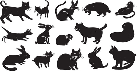 Collection of black and white animal silhouettes including cats, dogs, rabbits, and birds in flat design vector illustration for pet lovers and wildlife themes
