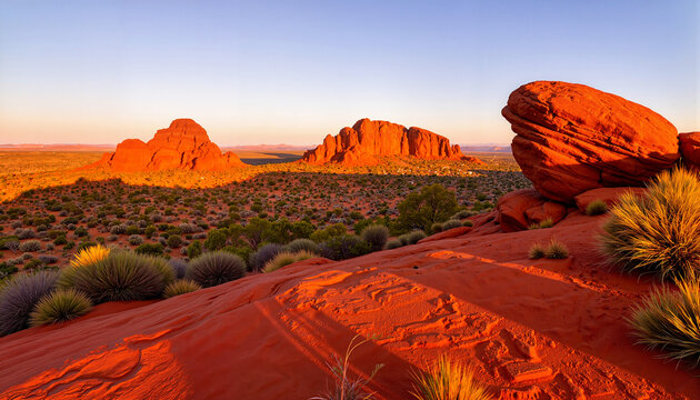 Vibrant Outback sunset illuminating red rock formations, natural beauty