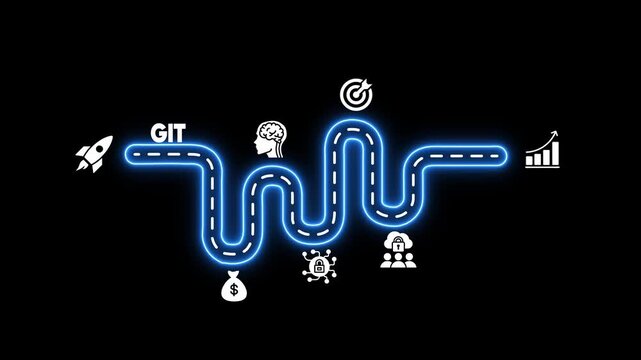 Neon blue winding road infographic with icons representing business growth and technology on a black background