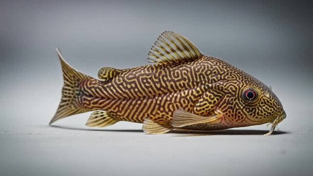 Detailed armored catfish with intricate patterns resting on an isolated bright studio background, showcasing its unique and calm appearance.