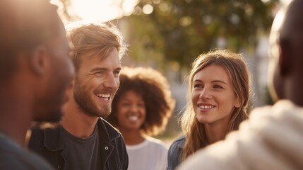 Obraz premium Diverse group of young adult friends smiling and talking together in bright outdoor light