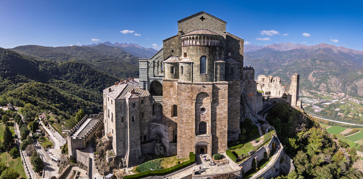 Aerial view of the Sacra di San Michele at dawn, Piedmont, Italy