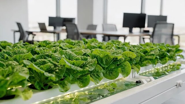 Medium shot highlighting rows of hydroponic lettuce in a modern office environment with outoffocus desks and technology hinting at sustainable urban agriculture integration.