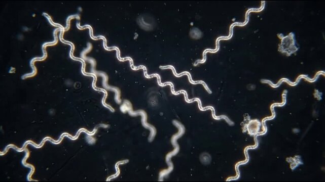 Ultra-realistic microscopic video of the spirochete Borrelia burgdorferi under a high-end laboratory microscope in darkfield viewing. The thin, corkscrew-like bacteria have a characteristic spiral mor