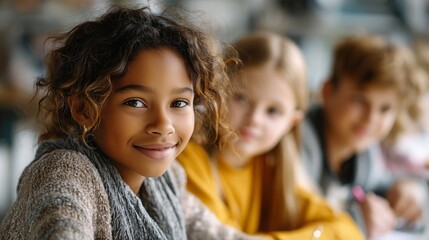 Fototapeta premium Happy primary school girl sitting in classroom with blurred classmates
