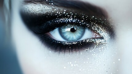 Stunning blue eye with dramatic makeup and glitter eyeshadow