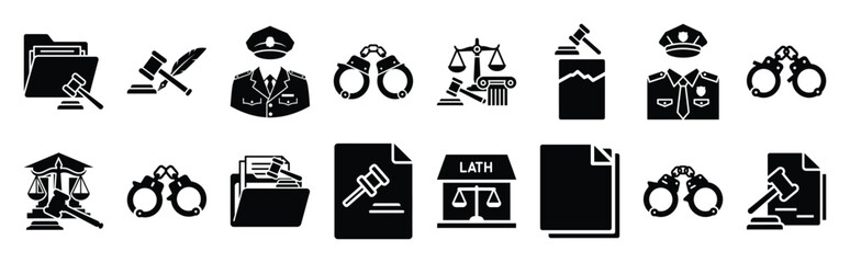 Obraz premium Vector symbols of court case file simple silhouette icon set, black color and white background